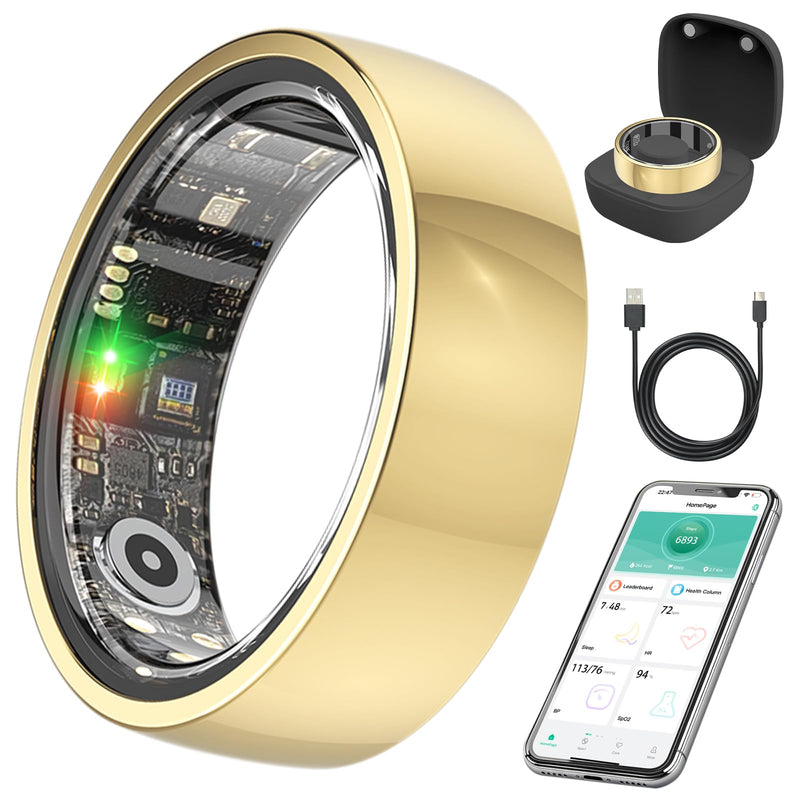 Smart Health Ring,Fitness Rings Tracker with Blood Pressure Monitor Heart Rate Blood Oxygen Sleep Monitor IP68 Waterproof Step Counter Calorie Tracker Health Rings for Women Men Android iOS Phones Gold 9