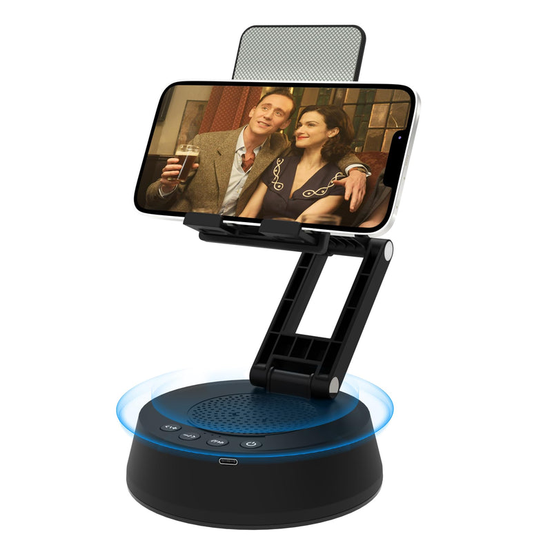 Cell Phone Stand with Wireless Bluetooth Speaker,Adjustable Height and Angle Phone Stand for Desk, HD Stereo Sound & Anti-Slip Base Phone Holder Speaker Compatible with iPhone,Gifts for Men Women Black