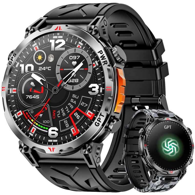 Military Smart Watches for Men with GPS/Compass,GPT Voice Assistant,1.56" AMOLED Screen,Smart Watch for Android and iPhone(Answer/Make Calls), Heart Rate/Sleep,Fitness Tracker Multiple Sports Modes Black