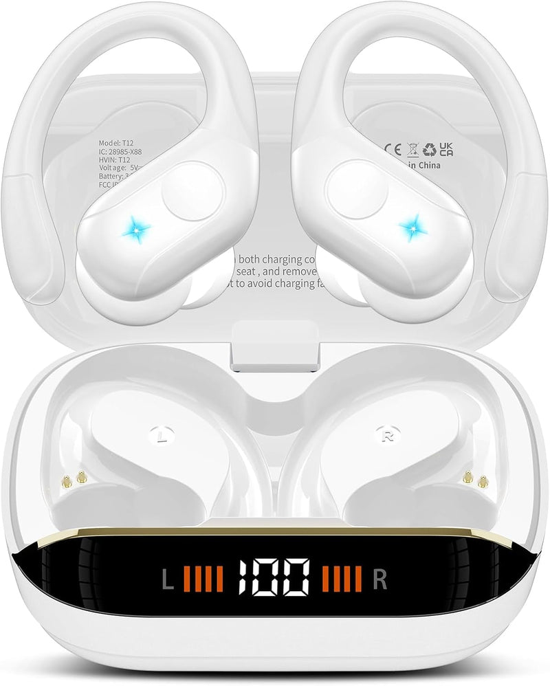 Qecnato Wireless Earbuds Bluetooth 5.4 Headphones 75H Stereo Deep Bass Sports Over Ear Buds with Earhooks, LED Display Bluetooth Earbuds with 4 ENC Mic, IP7 Waterproof Earphone for Running, White