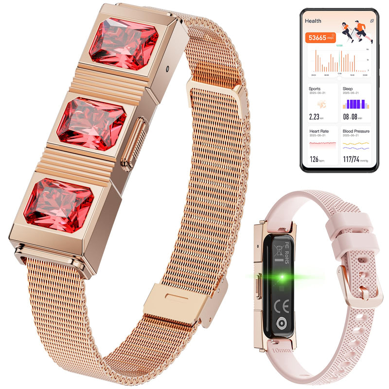 Women's Smart Bracelet with 2 Bands, Health Fitness Tracker, 24/7 Heart Rate/Blood Oxygen/HRV/Sleep Monitor, Fashion Ruby Wristband with Message/Call Reminder Free Subscription gold