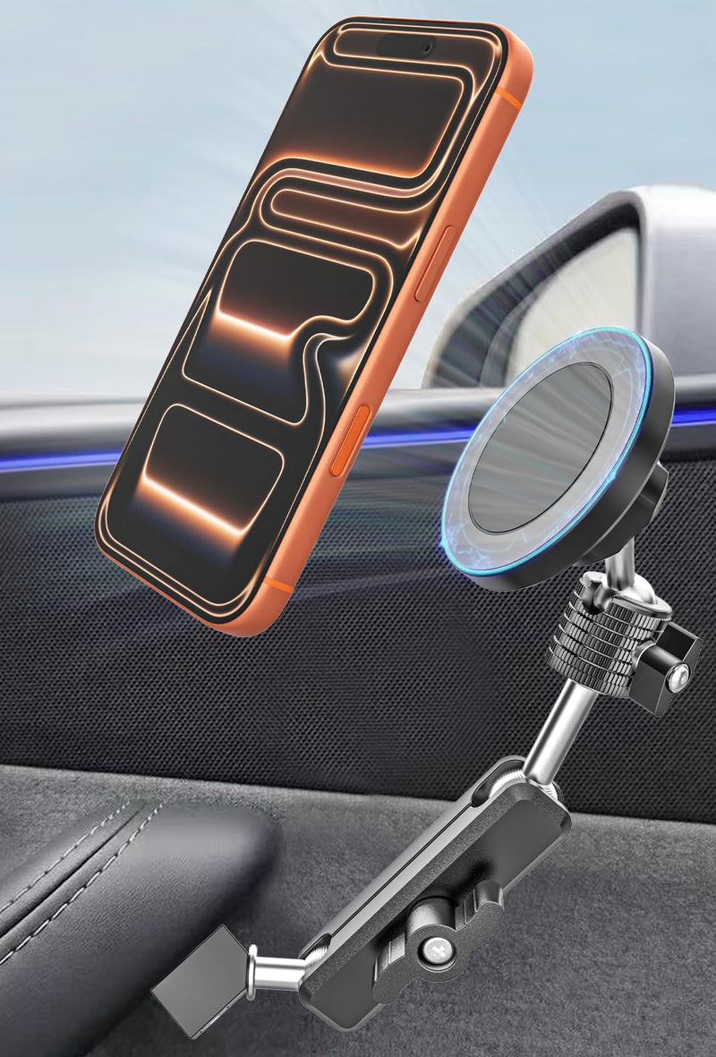 Magnetic Door Phone Holder for Tesla Model Y/3/Juniper/Highland 2021-2026, 【OEM-Style & Strong Magnet】 All-Metal Tesla Mount for iPhone 17/16/15/14/13/12, Tesla Accessories You Need in 2026