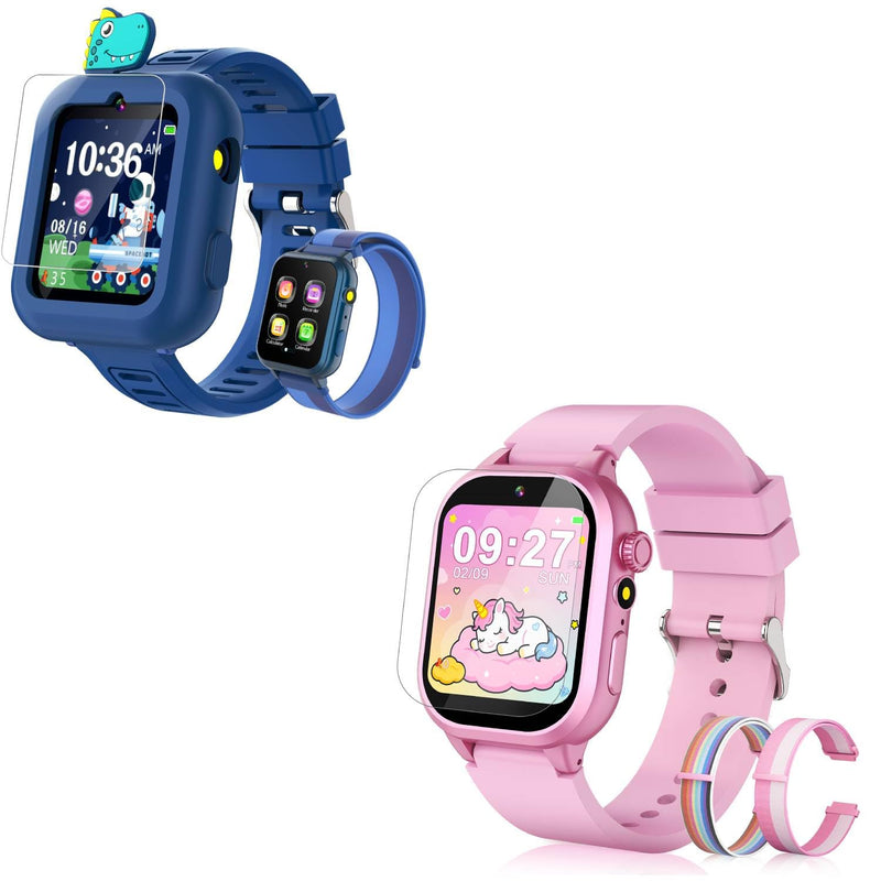 Pink Smart Watch for Kids with 3 Watch Bands and Blue Kids Watch with Selfie-Cam,Puzzle Games, Habit Tracking, Torch, MP3 Player, Voice Recorder, Pedometer