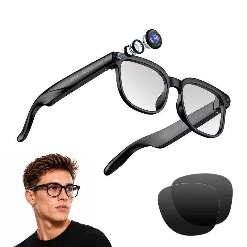 AI Smart Glasses 8MP HD Camera, with 6-Axis EIS Stabilization Video Recording, Real Time Translation, 4K Glasses Object Recognition, Voice Assistant, Dual Mic Open-Ear Speakers for Women Men(2 lenses)
