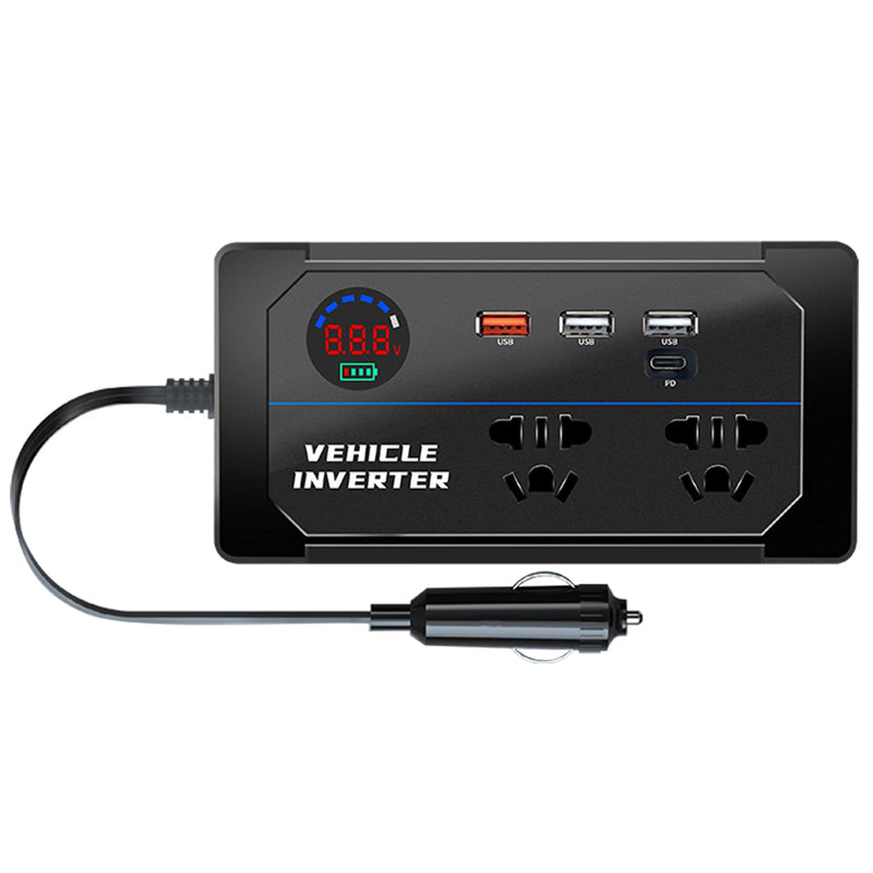 200W Car Power Inverter, DC 12V to 110V AC Car Plug Adapter Outlet with 4 USB Fast Charging Port(3xUSB A, 1xUSB C), LED Display, Dual AC Outlet, Power Inverter for Vehicles, Laptops, Phones, Black