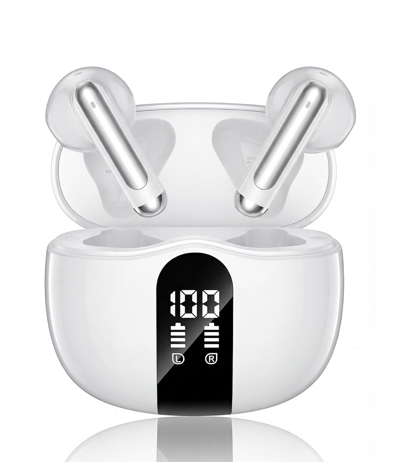 Wireless Earbuds, 2026 Bluetooth 5.4 Headphones Bass Stereo Ear Buds with Noise Cancelling Mic, LED Display in Ear Earphones 50H Playtime Ear Buds, IP7 Waterproof for Laptop Pad Phones Pure White