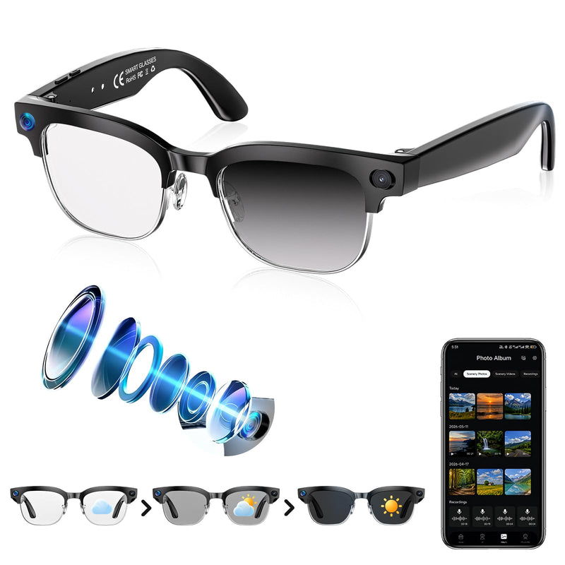 AI Smart Glasses with Camera, 4K EIS, Real-Time Translation | AI Object Recognition, Open-Ear Speakers, AI Voice Assistant, Bluetooth Calling, IP66 Water Resistance, Photochromic Lenses Black Glasses Pouch Included