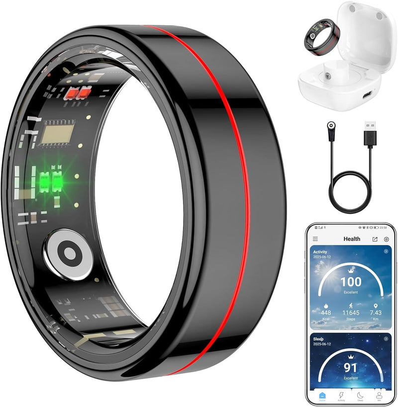 Fit Ring for Women Men, Health Tracker with Heart Rate, Blood Oxygen, Heart Rate Variability, Stress, Sleep Monitor, Step Counter, Smart Ring for iPhone & Android, No Subscription Fee (Black, 13#)