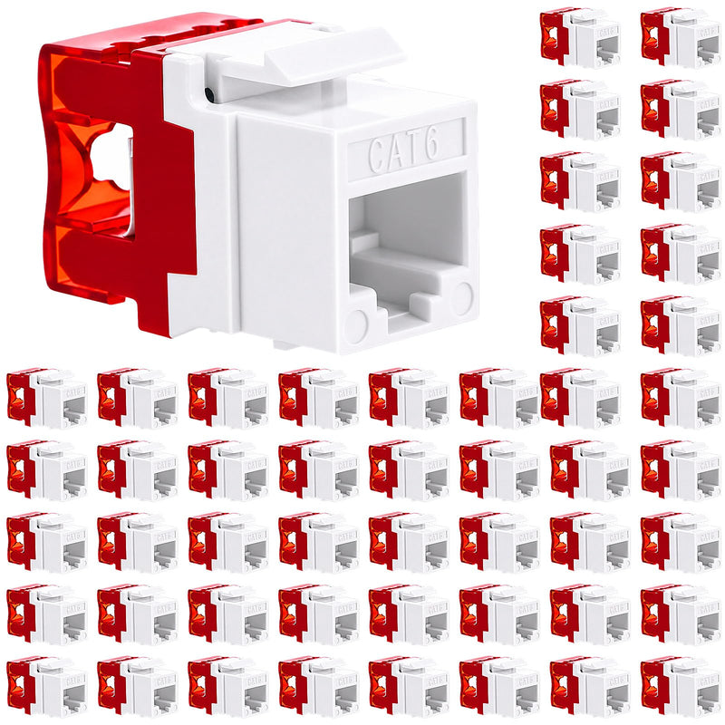 Tellegloww 50 Pack 180 Degree Rj45 Cat6 Keystone Jacks, White Red Module Network Wall Plate Inserts, Toolless 110 Punch Down Ethernet Connectors or Patch Panel