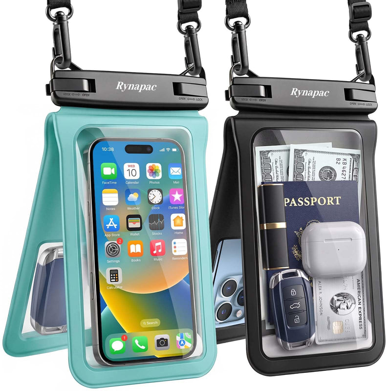 Rynapac Waterproof Phone Pouch 2 Pack, IPX8 Double Space Waterproof Phone Case with Lanyard for iPhone 17/16/15 Pro Max, Galaxy S26 Ultra, Cell Phone Dry Bag for Beach Cruise Essentials, Up to 8.5’’ Black+Green