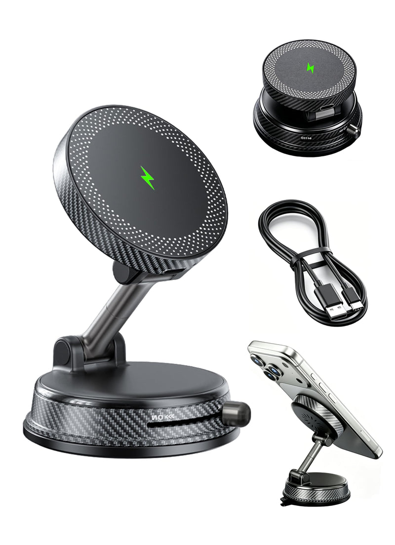 15W Magsafe Wireless Fast Charger Car Phone Mount Holder with Vacuum | ULiiZOMIR Adjustable Magnetic Mount, Strong Grip Dashboard & Windshield Holder for iPhone 12-17 and Android Devices
