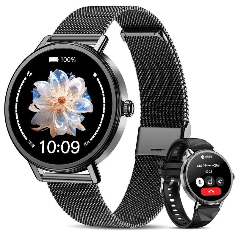 Smart Watches for Women Android / iPhone, 1.26" AMOLED Fitness Tracker with Bluetooth Calls, 8 Days Battery Life/Heart Rate Monitor/100+Sports Model, IP68 Waterproof Women's Smartwatches(2 Bands) Black X30