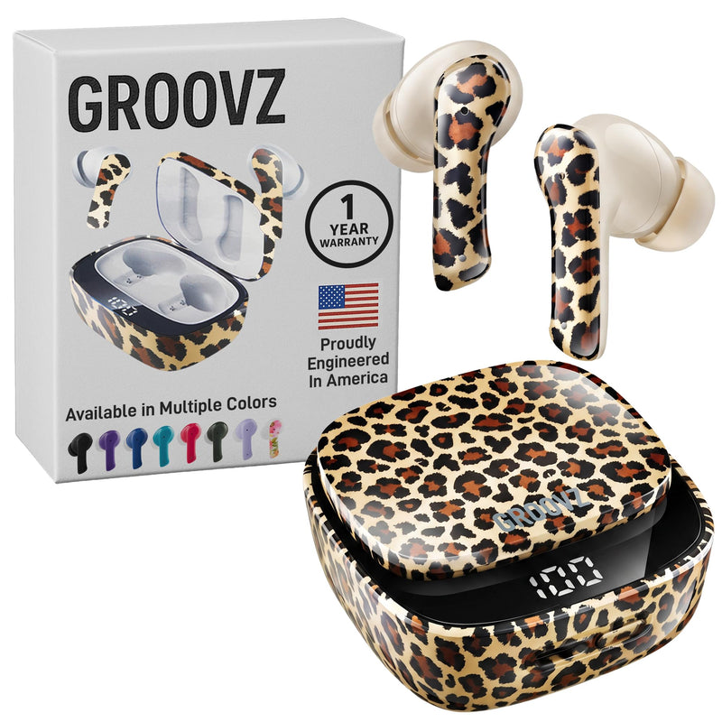 Groovz Plus True Wireless Earbuds with Wireless Charging Case - Designed in the USA - IPX4 Water Resistant Bluetooth Earbuds Compatible with Apple & Android - 46Hr Battery - Dual Microphone - Leopard