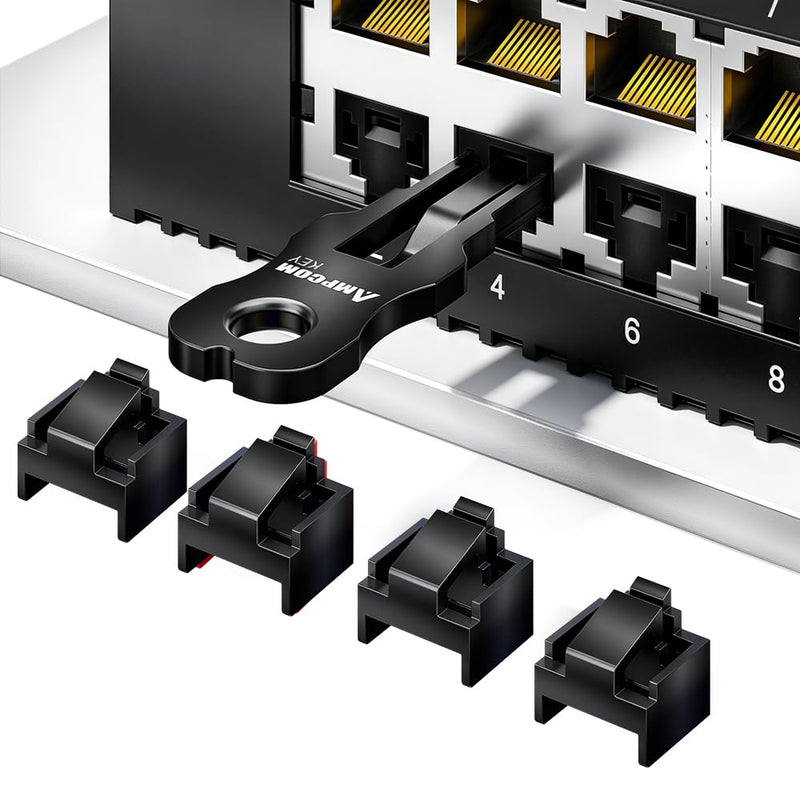AMPCOM RJ45 Port Lock 100-Pack 3-Point Tamper-Proof Blocker w/ 2 Keys Black | 3-contact Pull-release Grip, Impact-resistant Body, Key-required Removal, Block Data Leakage Physically, Dust Proof Plug