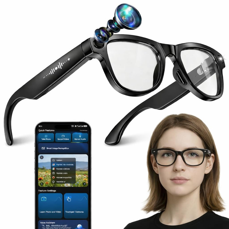 AI Smart Glasses with 8MP 4K Camera Glasses, 2026 1200P Video Recording Glasses for Women & Men, 139 Languages Real-Time Translation, Voice Assistant, Open-Ear Audio for Travel, Meetings & Vlogging