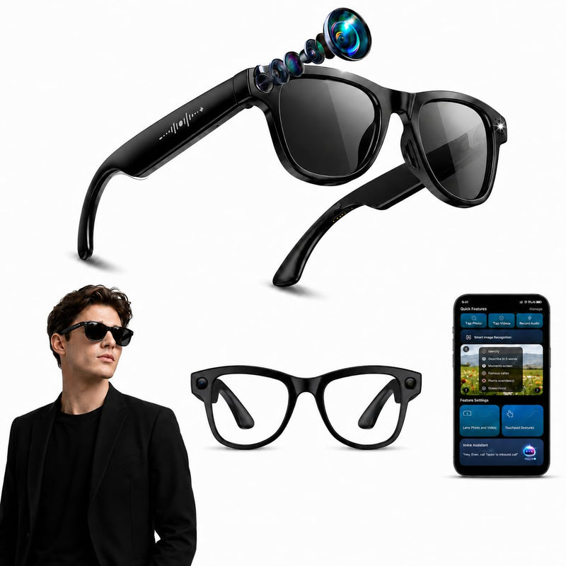 New AI Smart Glasses with Camera, 8MP 4K Video Recording Glasses with Photo | Hands-free Photo/Video, ChatGPT AI, 139 languages translation, Open-ear audio, Travel & vlogging, Sunglasses & Clear Included Black Frame - Sunglasses Lens(Clear Lens)