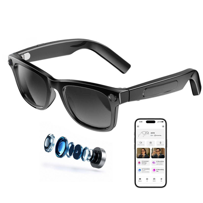 W & O AI Smart Glasses with Camera,8MP Photo Camera Sunglasses,1080P Video Recording Glasses with Dual Mic Noise Cancellation,Bluetooth,Real-Time Translation,for Men Women(Sunglass Lenses) Dark lenses