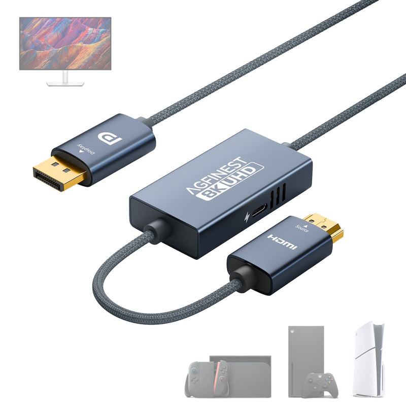 4K@120Hz Active HDMI to DisplayPort Cable 6.6FT | Supports 8K@60Hz 2K@240Hz, HDR, VRR, 10Bit, HDCP Compatible: PS5, Xbox, Switch Dock, PC, Laptop. 6.6 Feet