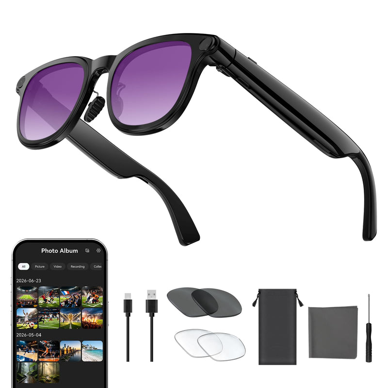AI Smart Glasses with Camera,4K HD Camera Glasses with EIS Image Stabilization,Video Recording Glasses with AI Assistant,Wi-Fi+Bluetooth 6.0 Transfer,Replaceable 3 Lens,Real-Time Translation