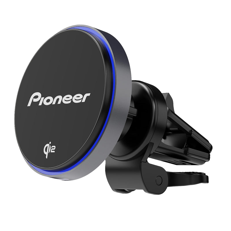Pioneer Qi2 MagSafe Wireless Car Charger and Phone Mount | MagSafe Compatible, Air Vent Mount, Blue Illumination, Includes Metal Ring MagSafe Wireless Charger