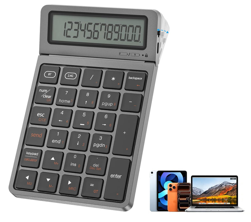 2-in-1 Wireless Bluetooth Number Pad, Bluetooth 5.0 & 2.4G Numeric Keypad with Calculator & Adjustable Screen, USB C Rechargeable Numpad for Laptop, Mac, iMac, Windows,Tablet, PC Desktop - 33ft Range