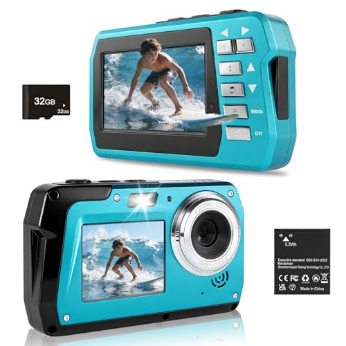 Underwater Camera 4K 48MP, Dual-Screen Waterproof Digital Camera, 10.83FT Dive for Swimming Travel, 16X Zoom Fill Light, 32GB Card, Blue