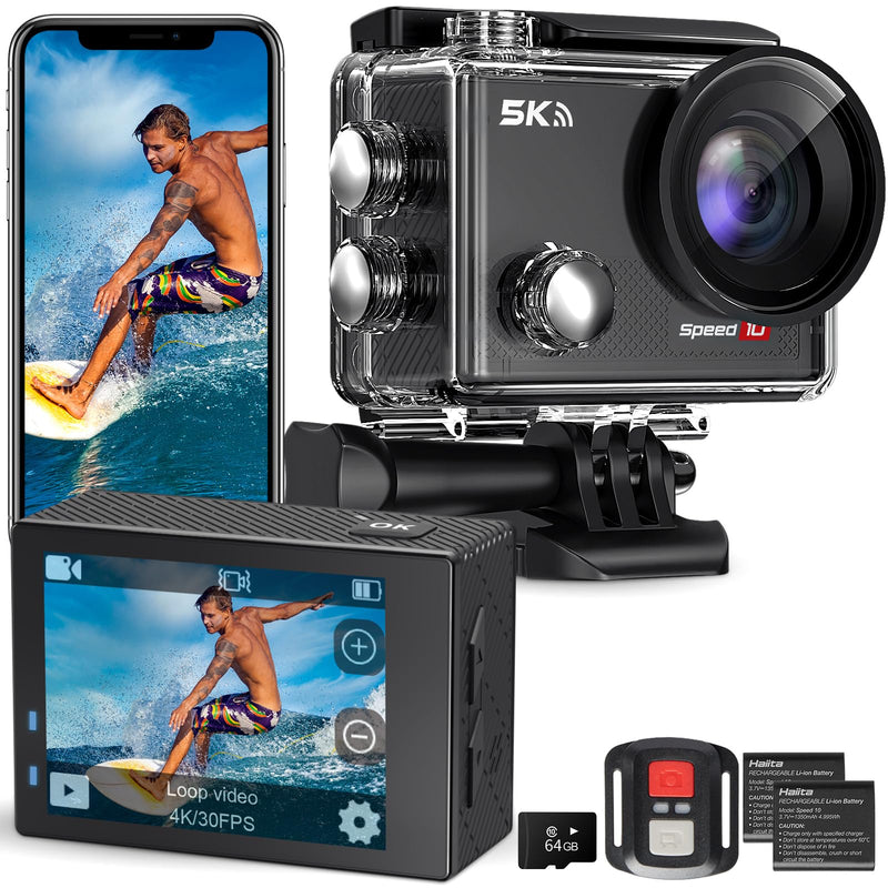 4K Action Camera with 64GB Card 30MP EIS WiFi 131FT Waterproof | 170° wide-angle, 5X zoom, remote control. For biking, snorkeling, helmet. Up to 256GB.2 rechargeable batteries.