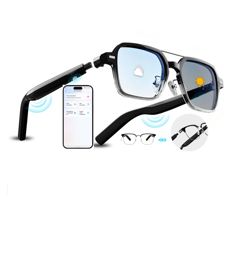 Smart Audio Bluetooth Glasses for Men & Women – Wear-Induction Auto On/Off, Photochromic + Blue Light Blocking Interchangeable Frames, AI Real-Time Translation Smart Sunglasses, Hands-Free Calls Photochromic Lenses+Anti-Bluelight Lenses