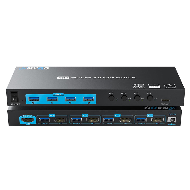 HDMI KVM Switch, Reyoten 1 Monitor 4 Computers, 4K@60Hz, Metal, 4 USB Ports Black Middle 1 Monitor 4 PCs