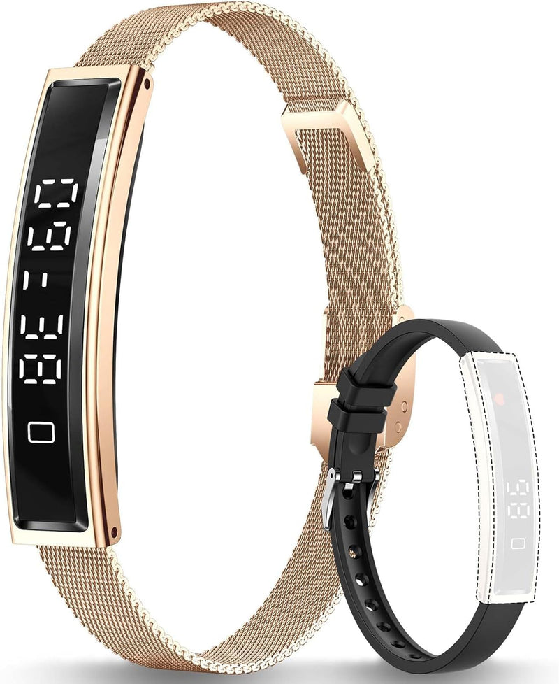 Smart Bracelet for Men Women with 2 Bands 24/7 Fitness Health Tracker | Heart Rate/Pressure Detection/Sleep Monitor, 5ATM Waterproof Fashion Wristband with Multiple Sport Modes Android iOS Gold Steel + Black Silicone