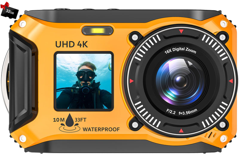 4K Underwater Camera 64MP 33FT Waterproof, 32GB Card Dual-Screen Dustproof | Suitable for Snorkeling, Vacation, UHD Autofocus Point-and-Shoot, Compact , Floatable, 1500mAh Battery, Type-C, Yellow