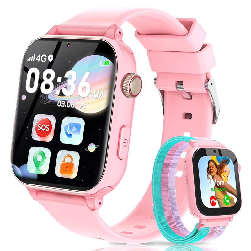 4G Kids Smart Watch with GPS Tracker, Video Call & Texting, Smart Watch for Kids with SIM Card, SOS, School Mode, HD Camera, Pedometer, Kid Watch Gift for Boys Girls Age 4-12, Pink