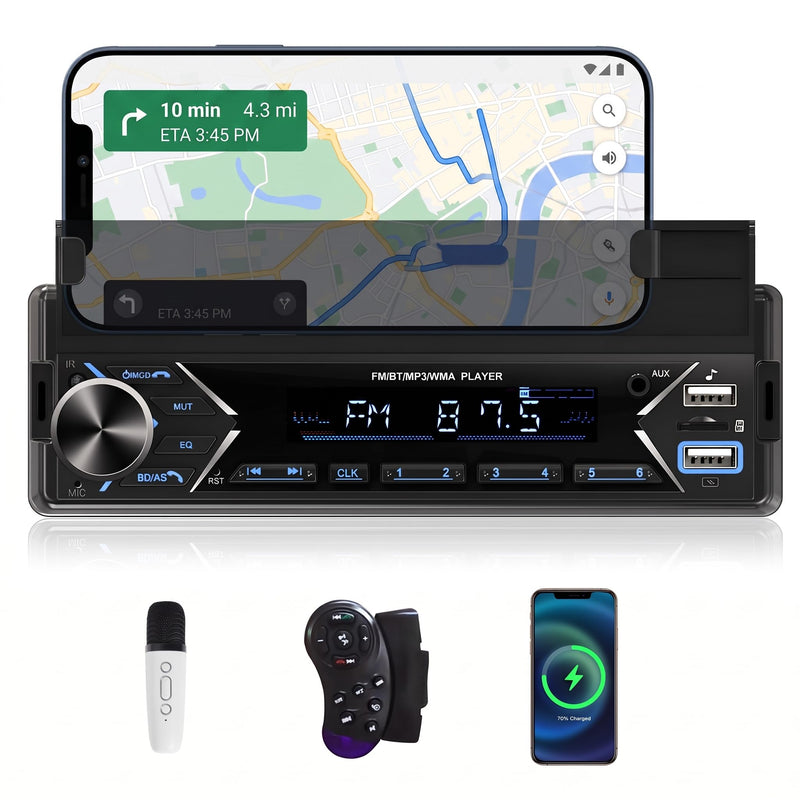Single DIN Car Stereo Bluetooth Car Radio with FM/MP3/AUX Dual USB SWC Colorful Lights Phone Holder & Wireless MIC P2