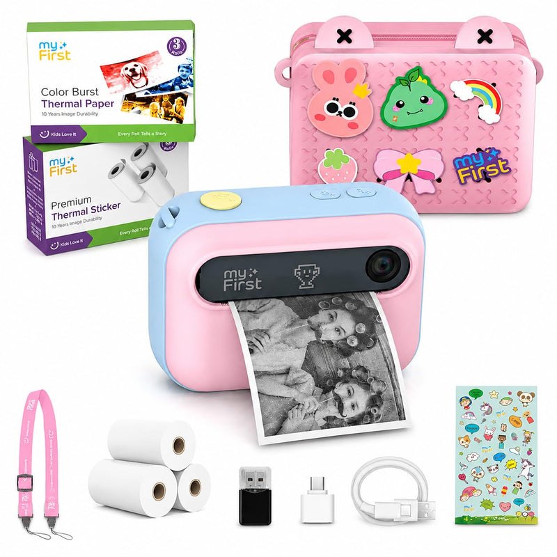 myFirst Kids Instant Print Camera, 16MP Camera, 9 Rolls Paper, Travel Case | 7S inkless thermal printing, insta 20 bundle, selfie lens, toy camera, school travel play, birthday gift for girls ages 4-12 Cotton Candy Camera + 9 Rolls Paper + Carrying Case