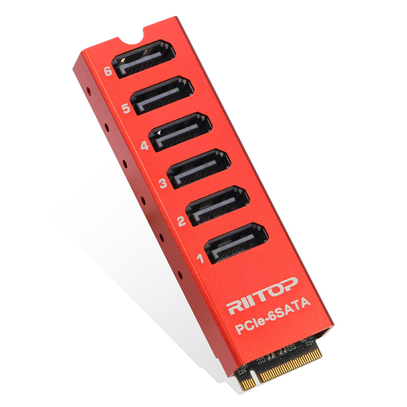 M.2 to SATA Adapter [6-Port], M2 NVMe to SATA 3.0 Card ASM1166 Chipset with Aluminum Housing for SSD/HDD up to 6Gbps Red