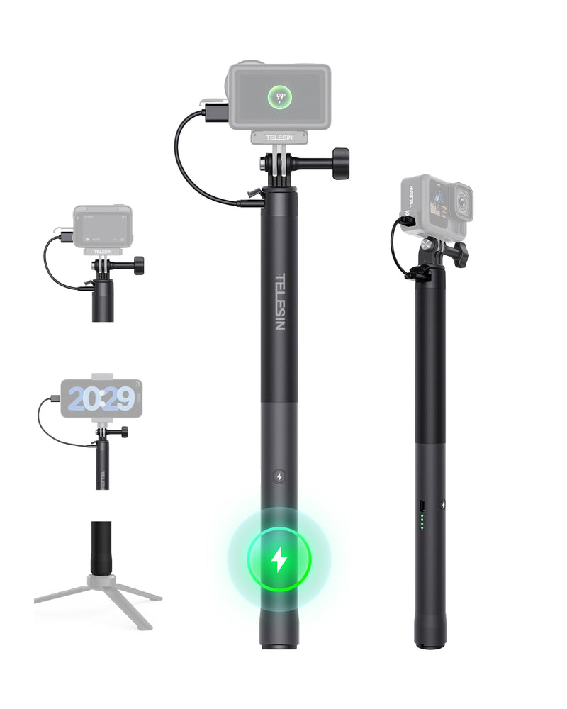 TELESIN Rechargeable Selfie Stick for DJI Gopro Insta360 Action Camera | 40.16" Extension Charging Handle Grip for DJI OSMO Pocket 4 3 Action 6 5 Pro 4, GoPro Hero 13 12, Insta360 X5 X4 Luna Ultra 59" Selfie Stick