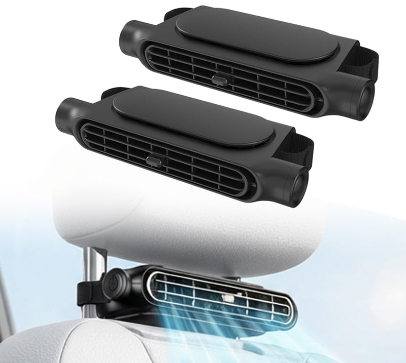 2Pack Car Seat Fan, Bladeless Dual Airflow, USB Powered for Car Headrest | For front & back car seats, no built-in battery, non-rechargeable, 3 Speed quiet, fits 4.92–6.9 in headrest posts
