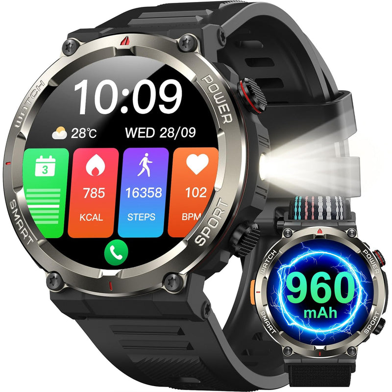 Military Tactical Smart Watches for Men, 1.45" Smart Watch for Android and iPhone, Fitness Tracker Watch with Compass & Flashlight/30-Day Battery/IP68 Waterproof/Heart Rate/120+ Sport Modes(2 Straps) Black W50pro2