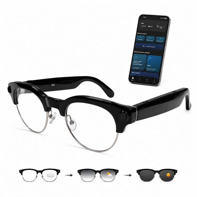 AI Smart Glasses with Camera for Play Music Work Travel Translation | 8MP camera, 1200P video, voice control, real-time translation, object recognition, photochromic lenses and AI assistant