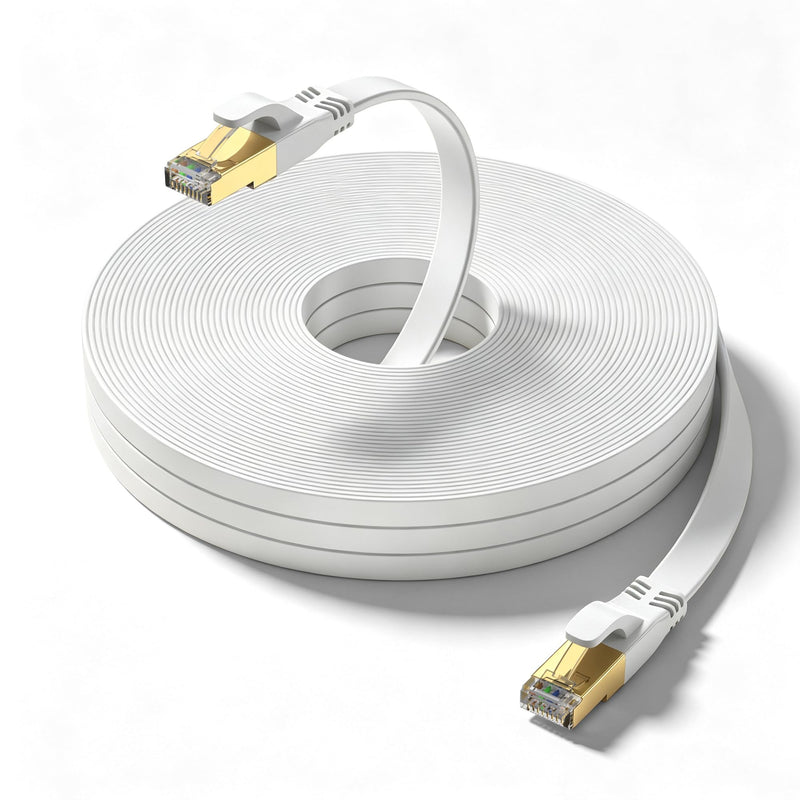 Cat8 Ethernet Cable 200ft White,High-Speed 40Gbps 2000Mhz Lan Internet Cable Gold Plated RJ45 Connector,Outdoor Indoor Flat S/FTP Patch Cord for Gaming Router Modem,Faster Than Cat7 Cat6 Cat5