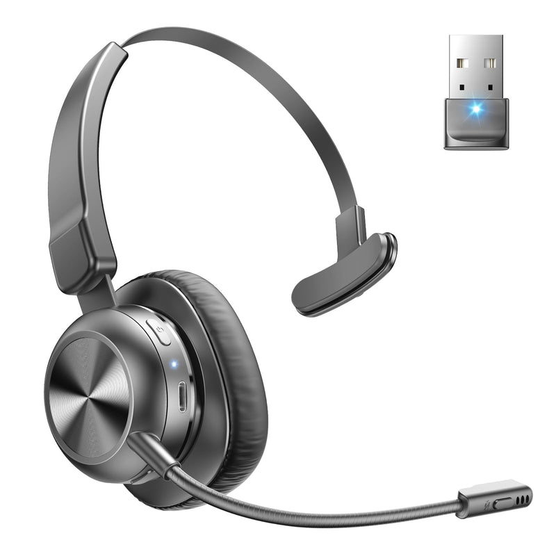 Trucker Bluetooth Headset, Wireless Headset with Microphone | USB Dongle, On Ear Bluetooth Headphones with AI Noise Cancelling 50H Playback Mute Button for Truck Driver Office Work, Ash
