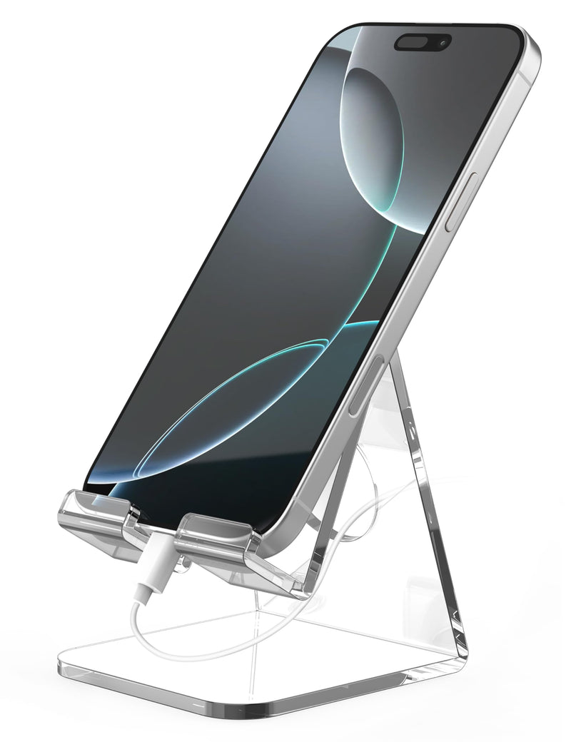 Acrylic Cell Phone Stand for Desk, Clear Thickened Phone Holder with Stable Desktop Design, Portable Transparent Stand Compatible with iPhone, Android Smartphones, 4–8 Inch Devices, Clear