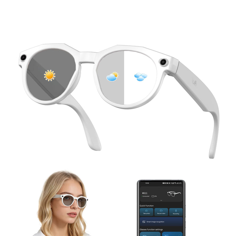 AI Smart Glasses with Camera: POV Video Recording & Bluetooth Audio | AI object recognition & translation, photochromic lenses, 290mAh battery W611White