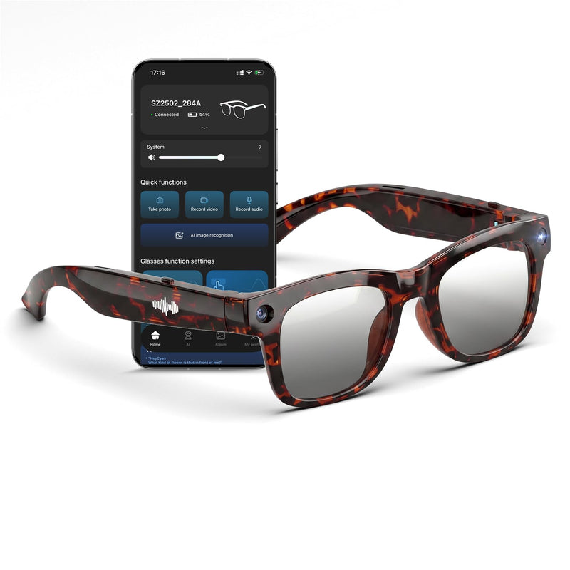 AI Smart Glasses with HD Camera, BT Call, 8MP Anti-Shake Camera Glasses with 1080P Video Recording Dual Mic, Simultaneous Interpretation/GPT Identify Objects, Photochromic Lens Leopard Print