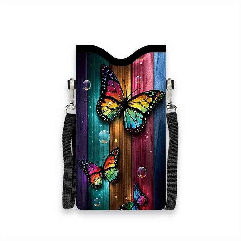 2D Flat Butterfly Geometric Pattern Crossbody Pouch, Adjustable Strap Multicolor Unisex Wallet Bag with Card Slot and Key Holder, Lightweight Multifunctional Sling Purse for Daily Use,Polyester Print