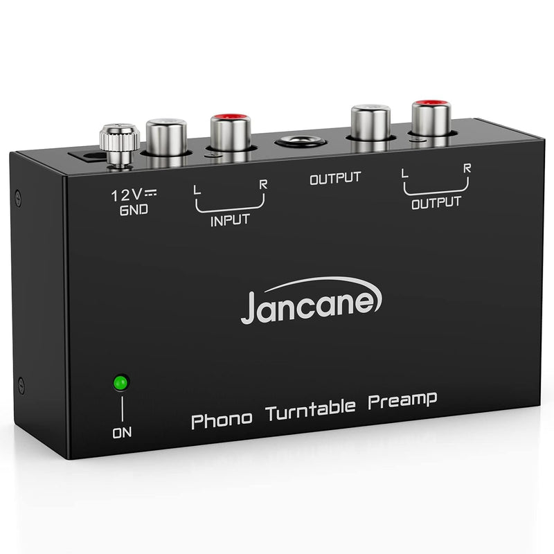 Jancane Phono Preamp for Turntable- Mini Electronic Audio Stereo Phonograph Preamplifier with RCA Input, RCA/TRS Output, Low Noise Operation, with 12 Volt DC Adapter Mini Phonograph Preamplifier-Black