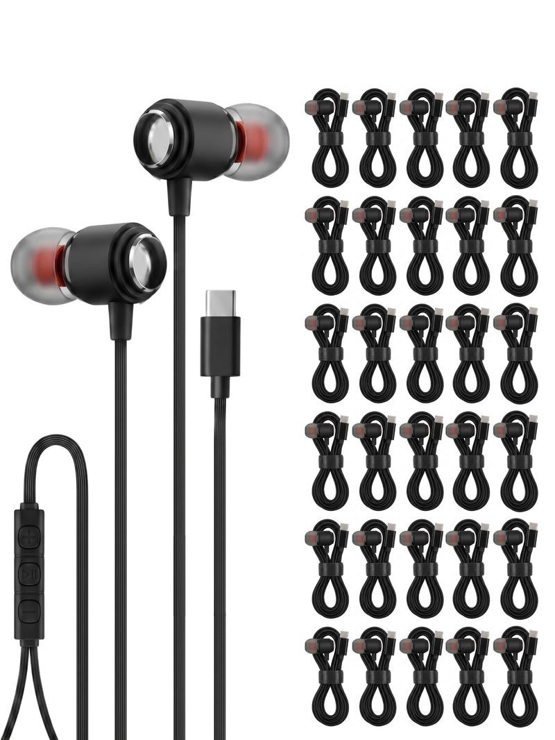Ember 30 Pack USB C Headphones Wired Earbuds for iPhone 17 16 15 Pro Max, Hi-Fi Type C Earbuds with Mic, Bulk Wired Headphones USB C for School Classroom Lab Library, Volume Control, Black
