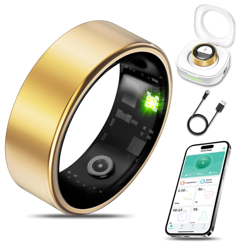 Smart Health Ring Fitness Tracker for Men Women, Sleep, Stress & Activity Monitoring, IP68 Waterproof, Long Lasting Battery, No Subscription Fees, Compatible with iOS & Android, Gold 7
