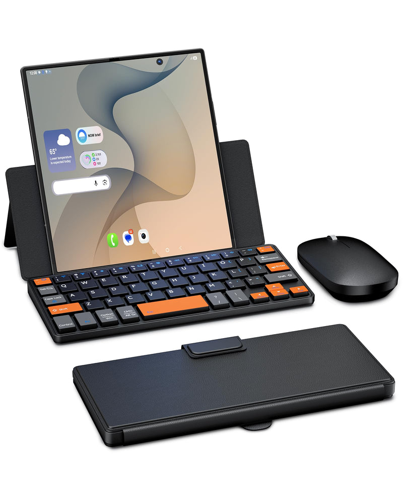 Ultra Compact Keyboard & Mouse for Galaxy Z Fold 8 Ultra/8 Wide/7/6, Phone | Portable Travel, Lightweight, Dual-device Bluetooth, Adjustable Stand, Leather Cover, Mini Wireless Keyboard, For iPad mini Orange