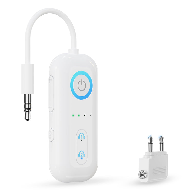 Bluetooth 5.4 Transmitter Receiver, Wireless Audio Adapter, Airplane Gadgets & Travel Essentials – for 2 Headphones, 20H Battery, aptX Low Latency, 3.5mm AUX Jack, for Car, TV, Home-White